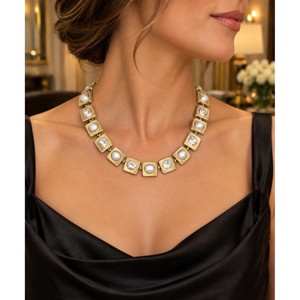 Vintage Monet Gold Tone Faux Pearl Rhinestone Square Link Statement Necklace